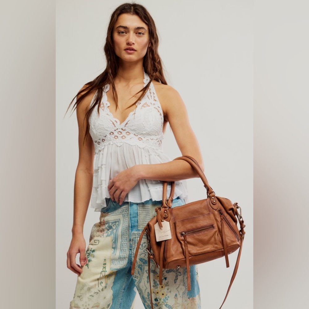 $178! Free People We The Free BABY EMERSON LEATHER TOTE BAG Saddle NEW - Picture 2 of 8
